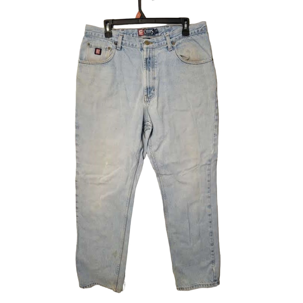 Chaps Ralph Lauren Blue Denim Tapered Leg Light Wash Frayed Hem Mens Jeans 36x32